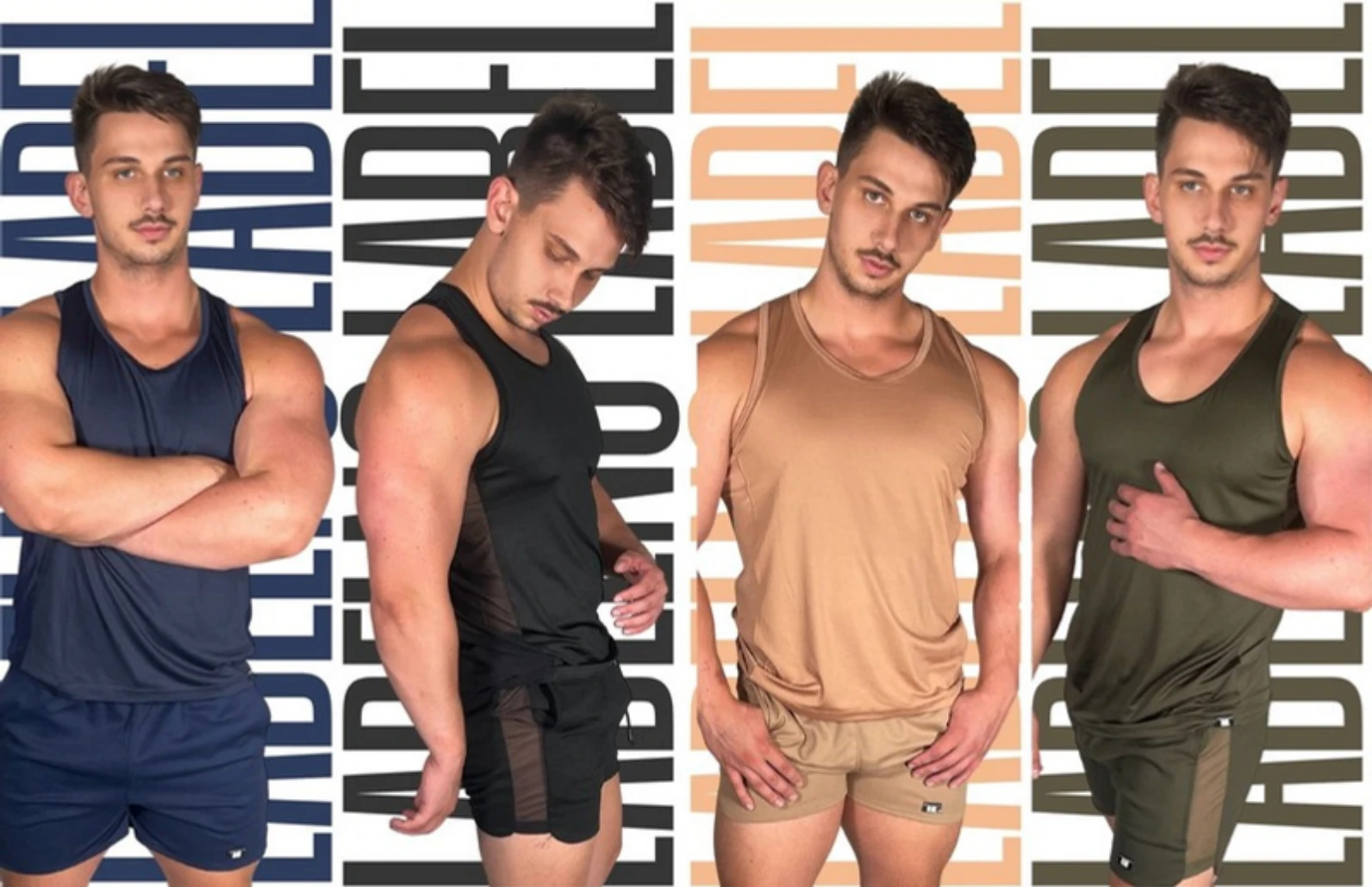 No Label military-inspired tanks and shorts in navy, black, tan and green